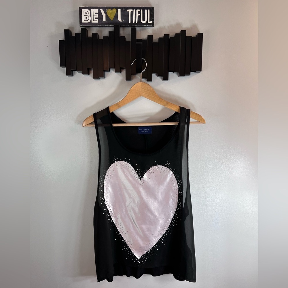 The Clas-Sic Sheer Front Heart and Sparkle Detailed Tank Top Size Medium